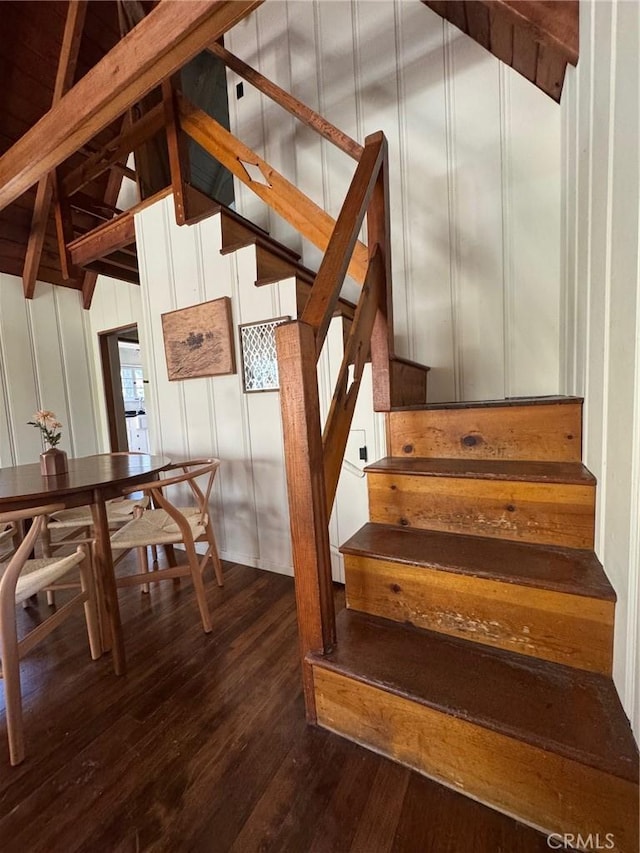 283 Walnut Dr, Lake Arrowhead, CA 92352 - staircase featuring wood-type flooring and a decorative wall