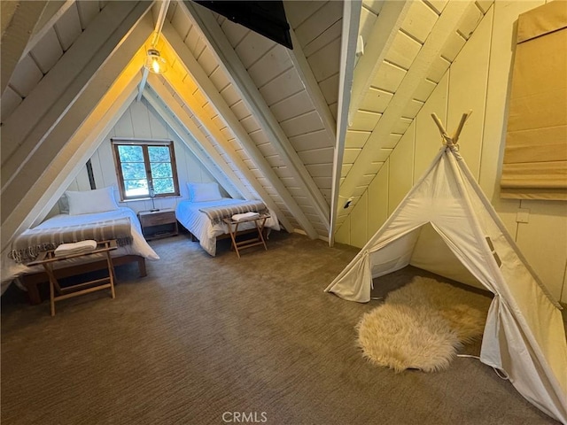 283 Walnut Dr, Lake Arrowhead, CA 92352 - carpeted bedroom featuring lofted ceiling