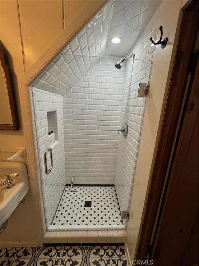 283 Walnut Dr, Lake Arrowhead, CA 92352 - bathroom featuring a stall shower and tile patterned flooring