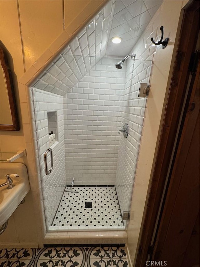 283 Walnut Dr, Lake Arrowhead, CA 92352 - bathroom featuring a shower stall and tile patterned flooring