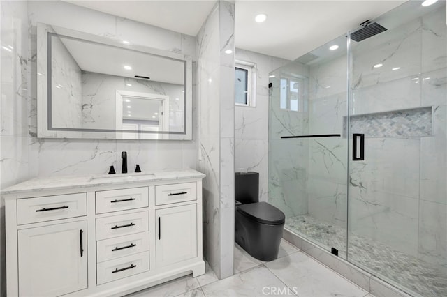 full bath featuring marble finish floor, tile walls, a marble finish shower, toilet, and vanity