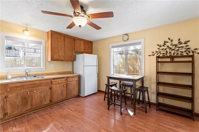 kitchen featuring brown cabinetry, freestanding refrigerator, light wood-style floors, and a sink