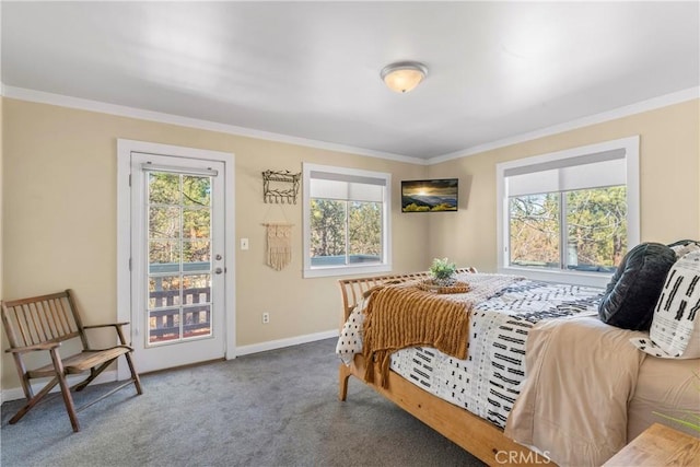 carpeted bedroom featuring access to exterior, crown molding, and baseboards