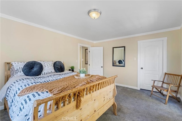 bedroom featuring baseboards, dark carpet, and ornamental molding