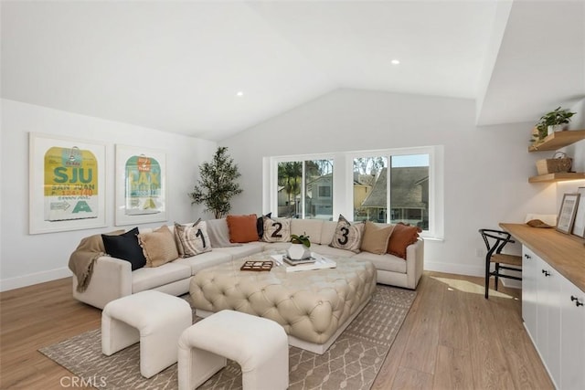 living room with vaulted ceiling, recessed lighting, light wood-style flooring, and baseboards