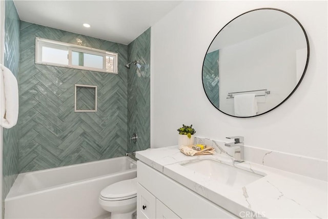 bathroom with shower / bathtub combination, vanity, and toilet