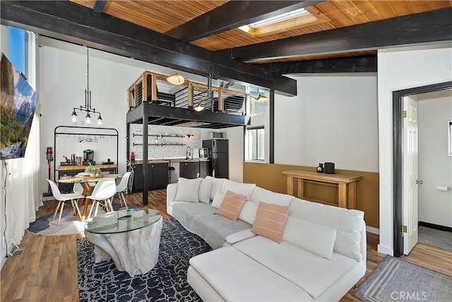 living room with wood ceiling, wood finished floors, beam ceiling, and baseboards