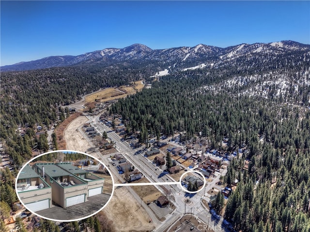 bird's eye view with a mountain view and a view of trees