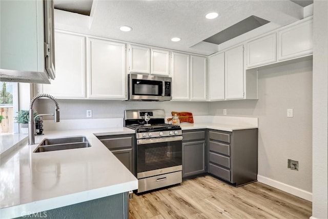 kitchen featuring light countertops, stainless steel appliances, gray cabinetry, light wood-type flooring, and a sink