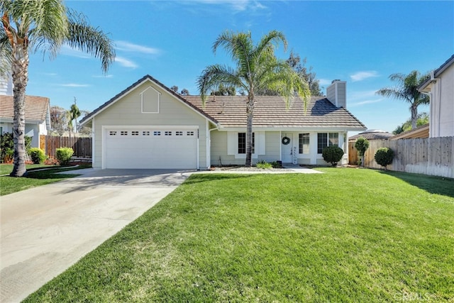 single story home featuring a garage, driveway, fence, and a front lawn