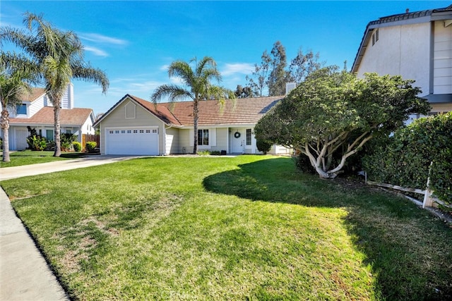 ranch-style home with driveway, a garage, and a front yard