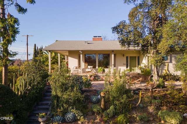 rear view of house with a shingled roof, a chimney, and stucco siding