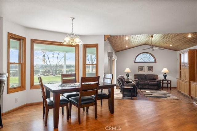 dining space featuring wood finished floors, a healthy amount of sunlight, wooden ceiling, and vaulted ceiling