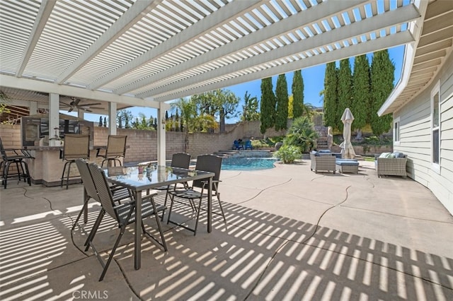 view of patio featuring a fenced backyard, outdoor dry bar, a fenced in pool, a pergola, and outdoor dining space