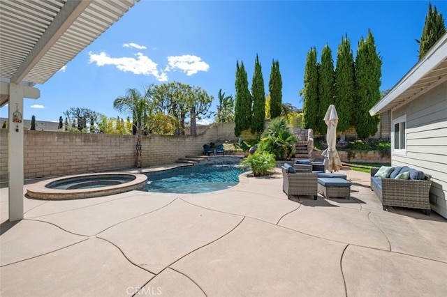 view of swimming pool featuring a patio, a fenced backyard, outdoor lounge area, a pool with connected hot tub, and a pergola