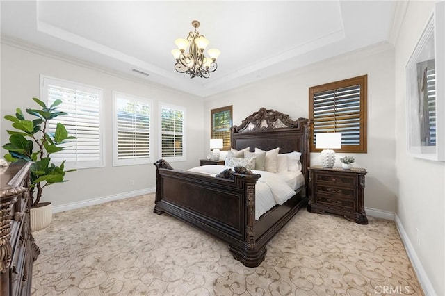 bedroom with light carpet, baseboards, a raised ceiling, and a notable chandelier