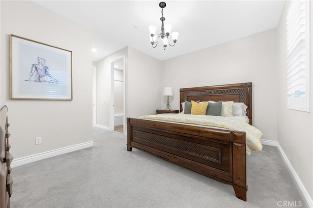 bedroom featuring light carpet, a notable chandelier, and baseboards