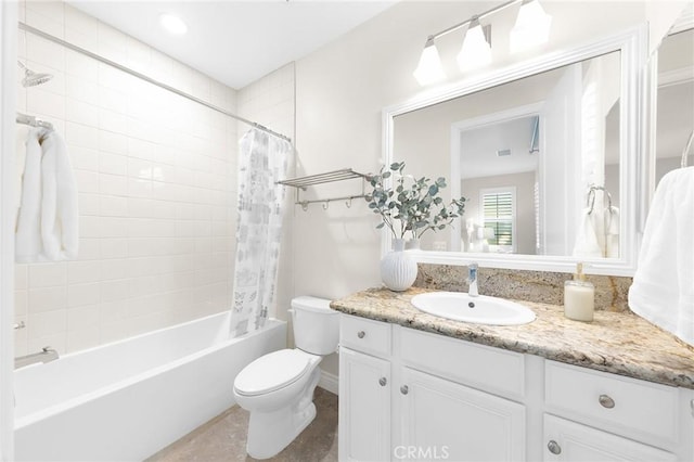 full bath featuring shower / bath combo, toilet, vanity, and visible vents