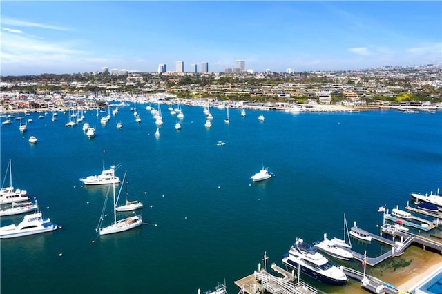 drone / aerial view featuring a water view and a view of city