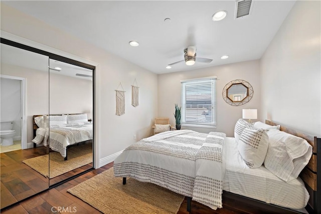 bedroom featuring recessed lighting, visible vents, ceiling fan, wood finished floors, and baseboards