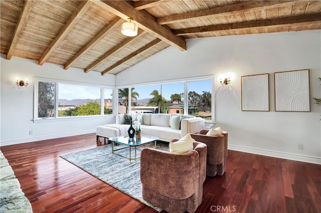 living room featuring vaulted ceiling with beams, wooden ceiling, wood finished floors, and baseboards