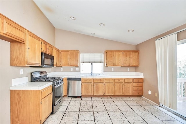 kitchen featuring vaulted ceiling, appliances with stainless steel finishes, plenty of natural light, and a sink