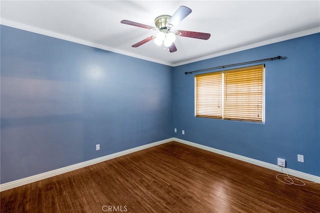 unfurnished room with wood finished floors, baseboards, and ceiling fan