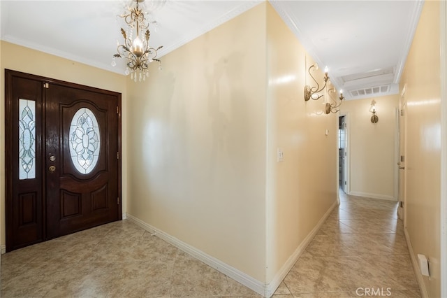 entrance foyer featuring an inviting chandelier, visible vents, a wealth of natural light, and ornamental molding