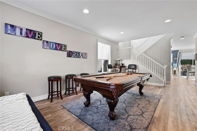 recreation room with billiards, recessed lighting, wood finished floors, and baseboards