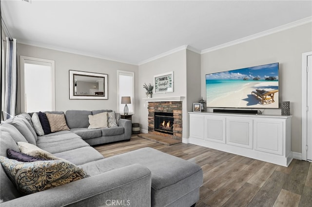 living room featuring a stone fireplace, wood finished floors, baseboards, and ornamental molding