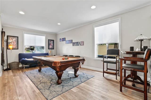 game room with baseboards, ornamental molding, pool table, and light wood finished floors