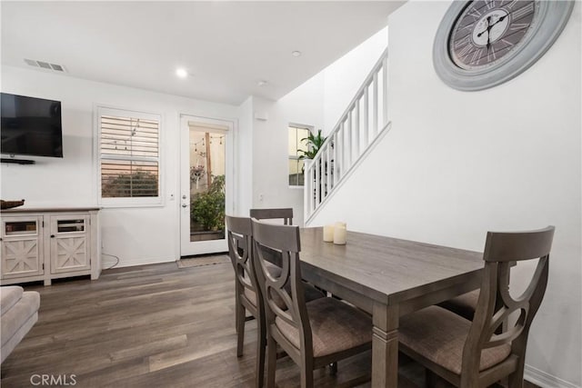166 Natal Rd, Rancho Mission Viejo, CA 92694 - dining room featuring stairs, dark wood-style floors, and recessed lighting