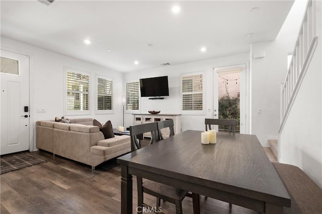 166 Natal Rd, Rancho Mission Viejo, CA 92694 - dining area with dark wood-type flooring, recessed lighting, and stairs