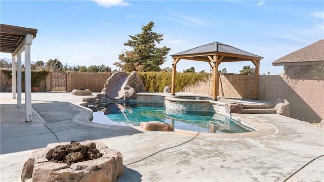 view of pool with a fenced in pool, a fire pit, a fenced backyard, and a patio area