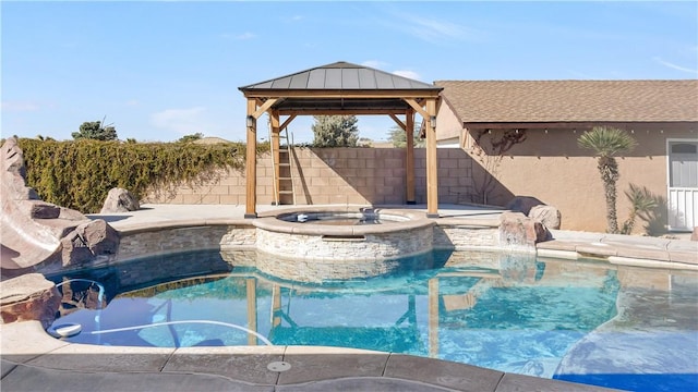 view of swimming pool featuring a gazebo, a fenced in pool, an in ground hot tub, and a fenced backyard