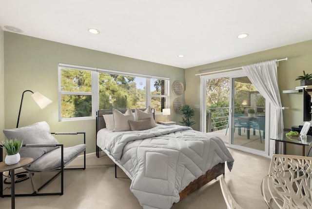 bedroom with access to exterior, recessed lighting, light carpet, and baseboards