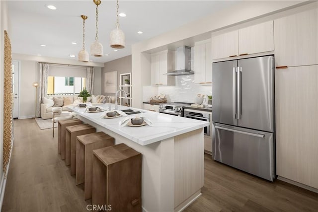 kitchen featuring wood finished floors, appliances with stainless steel finishes, a sink, modern cabinets, and wall chimney exhaust hood