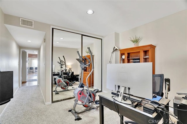 carpeted home office featuring recessed lighting, visible vents, and baseboards