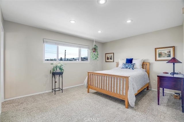 bedroom featuring recessed lighting, carpet, and baseboards