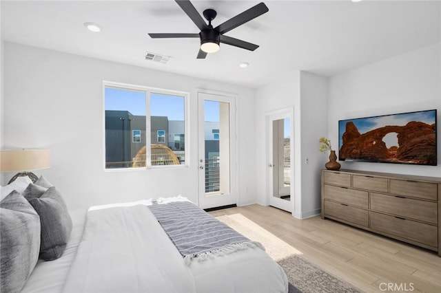 bedroom featuring visible vents, a ceiling fan, light wood-style flooring, access to outside, and recessed lighting