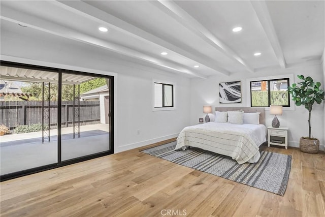 bedroom featuring access to exterior, recessed lighting, wood finished floors, beamed ceiling, and baseboards