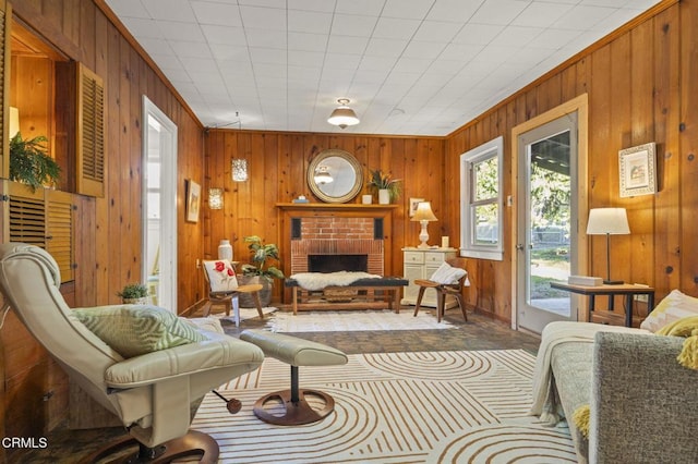 living area with wooden walls and a fireplace