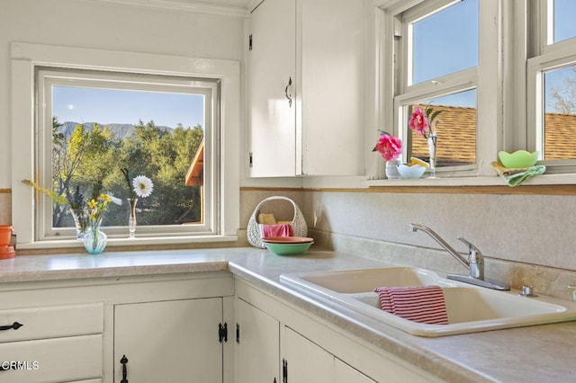 kitchen featuring light countertops, a wealth of natural light, and white cabinets