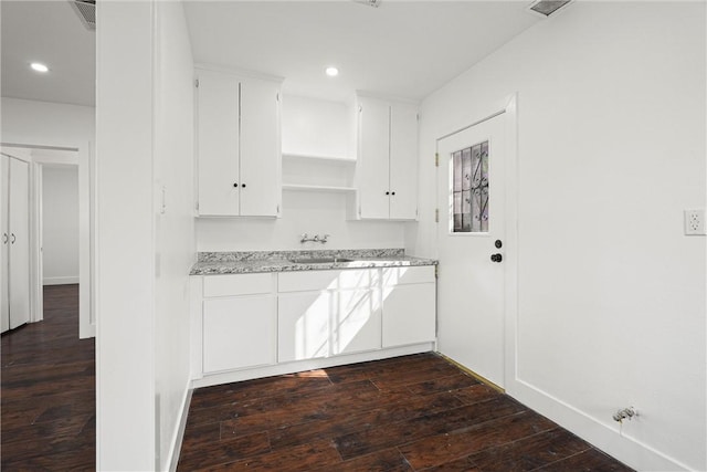 kitchen featuring recessed lighting, dark wood-style flooring, visible vents, white cabinets, and open shelves