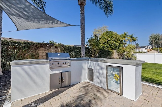 view of patio / terrace featuring a fenced backyard and area for grilling