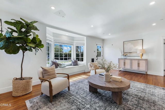 living room featuring baseboards, wood finished floors, and recessed lighting