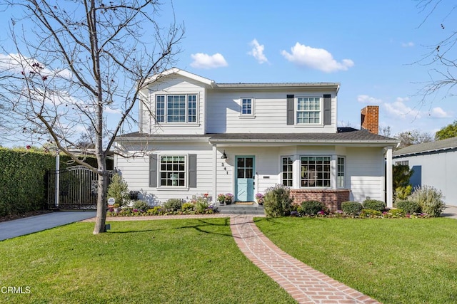 traditional-style house featuring driveway, a chimney, a gate, a front yard, and brick siding