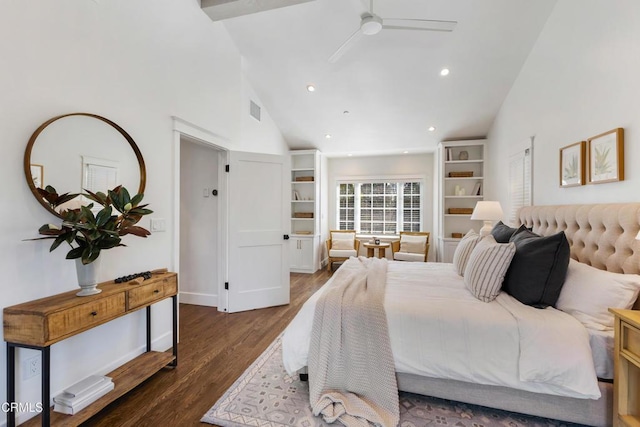 bedroom with high vaulted ceiling, visible vents, wood finished floors, and recessed lighting