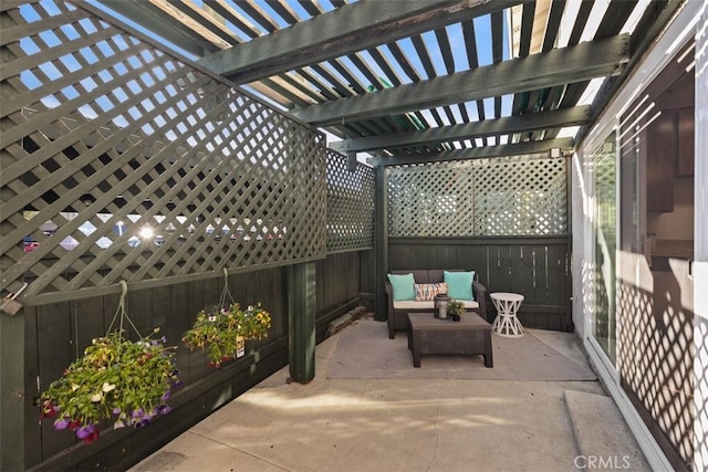 view of patio with fence, an outdoor living space, and a pergola