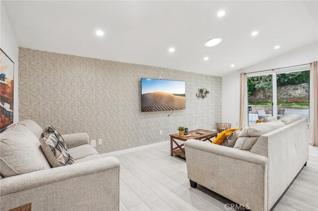 living room featuring recessed lighting, light wood-style flooring, baseboards, and wallpapered walls